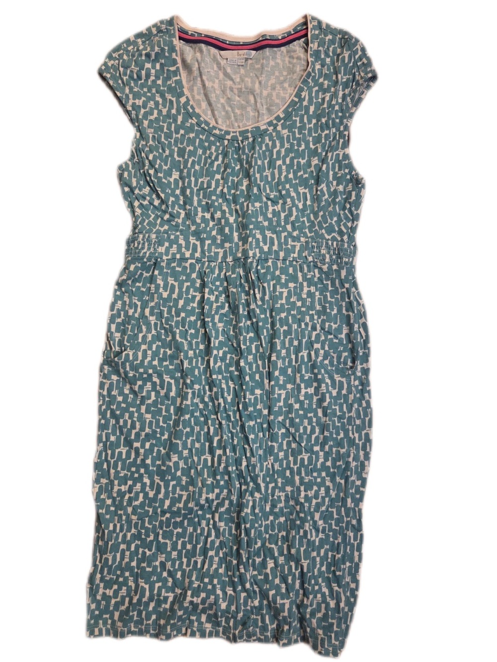 Boden Teal and White Printed Cap-Sleeve Midi Dress